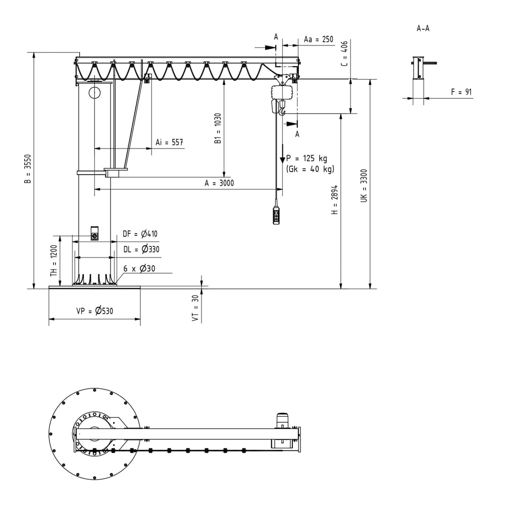 Productafbeelding nr. 3: Zwenkkraan VETTER® incl. elektrische takel LIFTKET, kolomuitvoering, 360° zwenkbereik, reikwijdte 3.000 mm incl. elektrische takel LIFTKET, draagvermogen 125 kg
