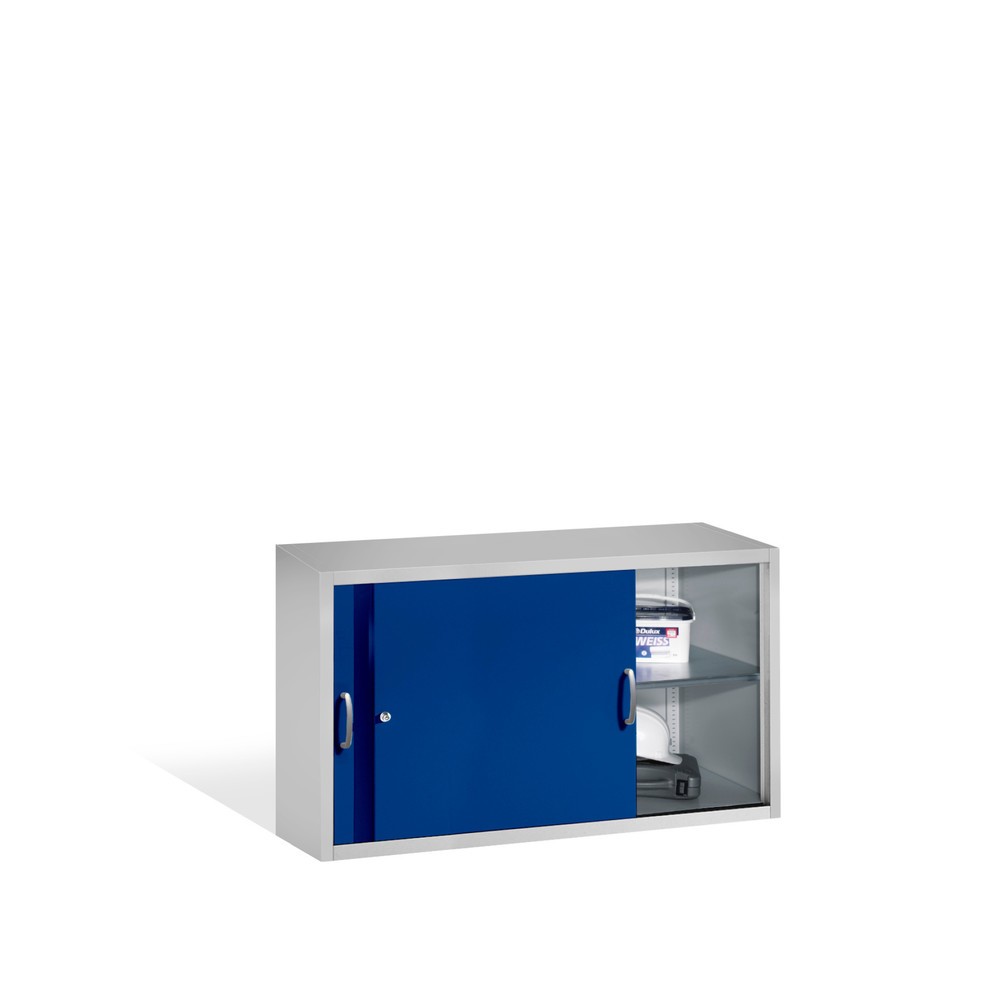 Produktabbildung Nr. 3: Opzetkast voor werkplaatsschuifdeurkast C+P, 2 legborden, hxbxd 790 x 1.600 x 500 mm, scheidingswand, lichtgrijs, gentiaanblauw