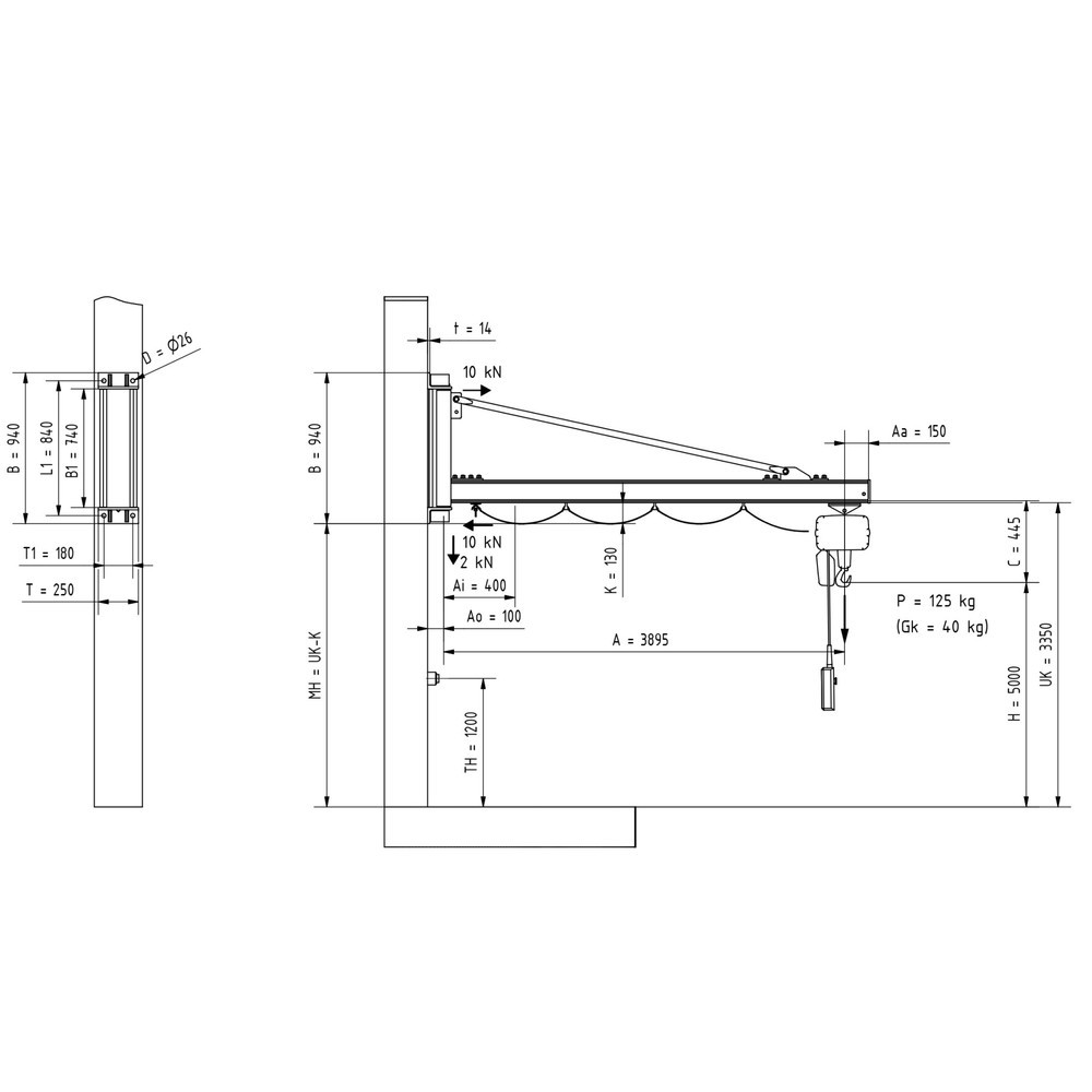N° de l'image du produit 2 : Potence VETTER®, palan électrique à chaîne LIFTKET inclus, version murale, portée 3 900 mm, capacité de charge 125 kg