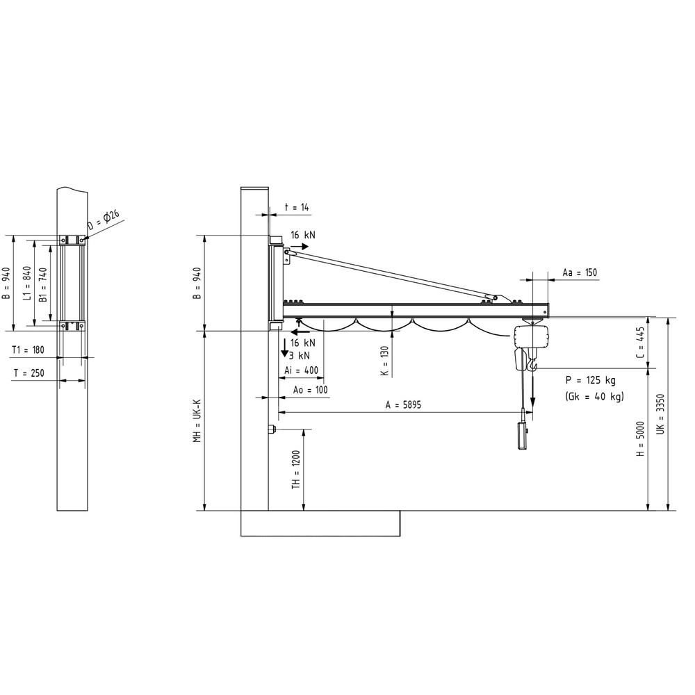 N° de l'image du produit 2 : Potence VETTER®, palan électrique à chaîne LIFTKET inclus, version murale, portée 5 900 mm, capacité de charge 125 kg
