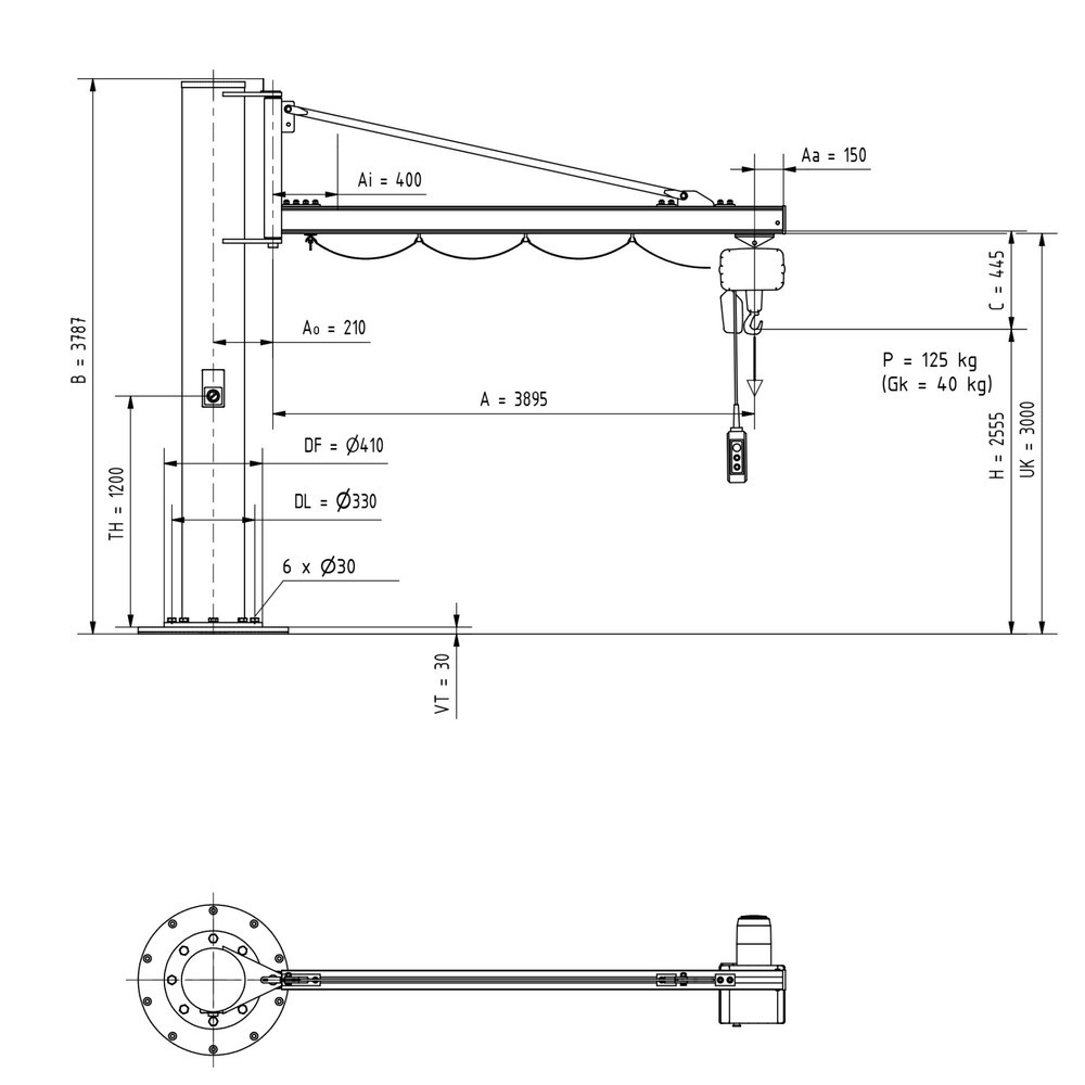 N° de l'image du produit 2 : Potence VETTER®, palan électrique à chaîne LIFTKET inclus, version sur fût, portée 3 900 mm, capacité de charge 125 kg