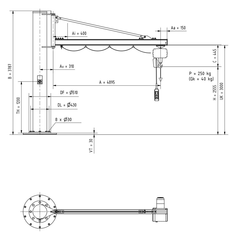 N° de l'image du produit 2 : Potence VETTER®, palan électrique à chaîne LIFTKET inclus, version sur fût, portée 4 900 mm, capacité de charge 250 kg