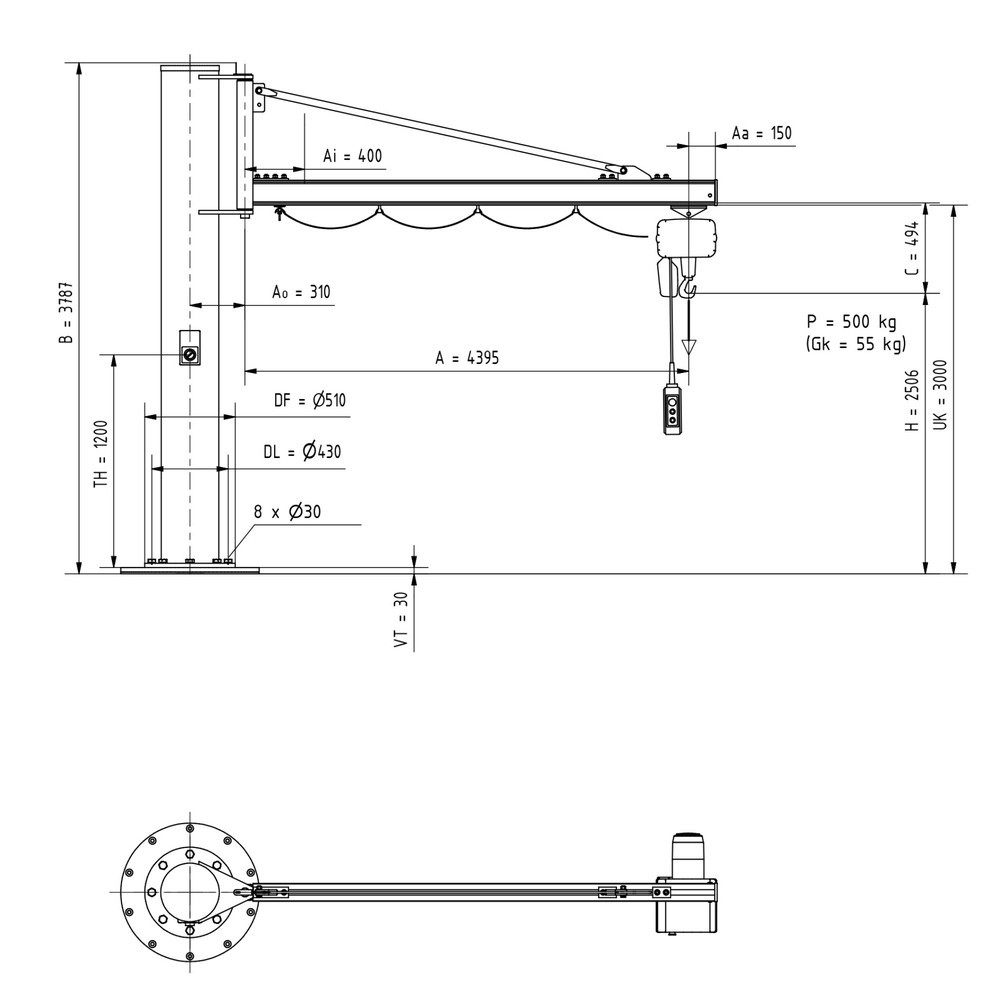 N° de l'image du produit 2 : Potence VETTER®, palan électrique à chaîne LIFTKET inclus, version sur fût, portée 4 400 mm, capacité de charge 500 kg