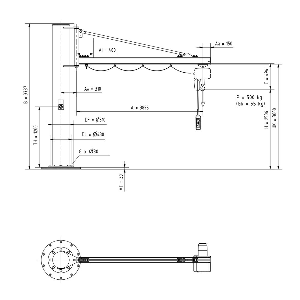 N° de l'image du produit 2 : Potence VETTER®, palan électrique à chaîne LIFTKET inclus, version sur fût, portée 3 900 mm, capacité de charge 500 kg