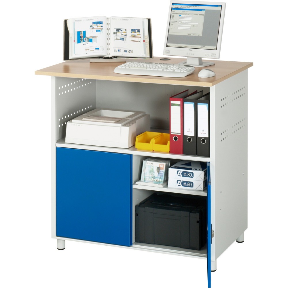 Produktabbildung Nr. 3: RAU computertafel, h x b x d 1.100 x 1.100 x 800 mm, werkblad met beukendecor, met 2 openslaande deuren en contactdooslijst