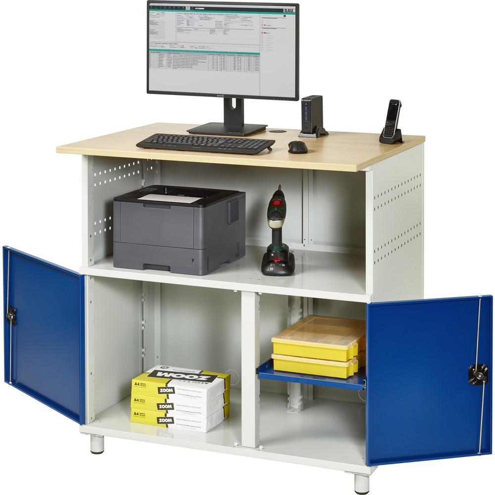Produktabbildung Nr. 1: RAU computertafel, h x b x d 1.100 x 1.100 x 800 mm, werkblad met beukendecor, met 2 openslaande deuren en contactdooslijst
