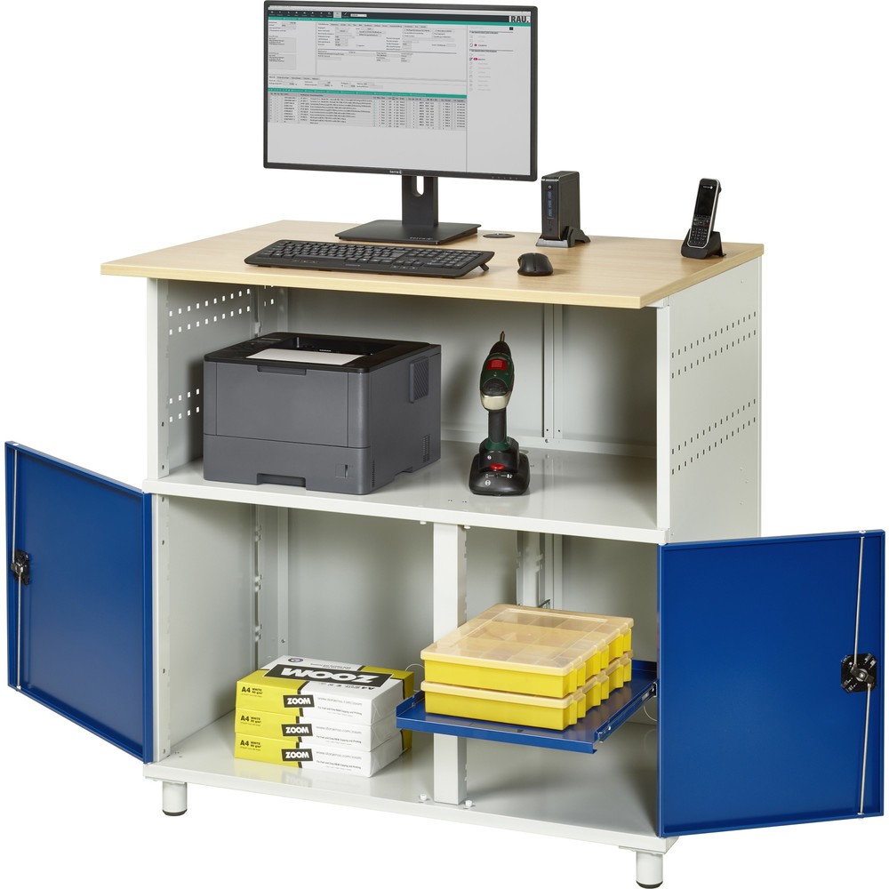 Produktabbildung Nr. 4: RAU computertafel, h x b x d 1.100 x 1.100 x 800 mm, werkblad met beukendecor, met 2 openslaande deuren en contactdooslijst