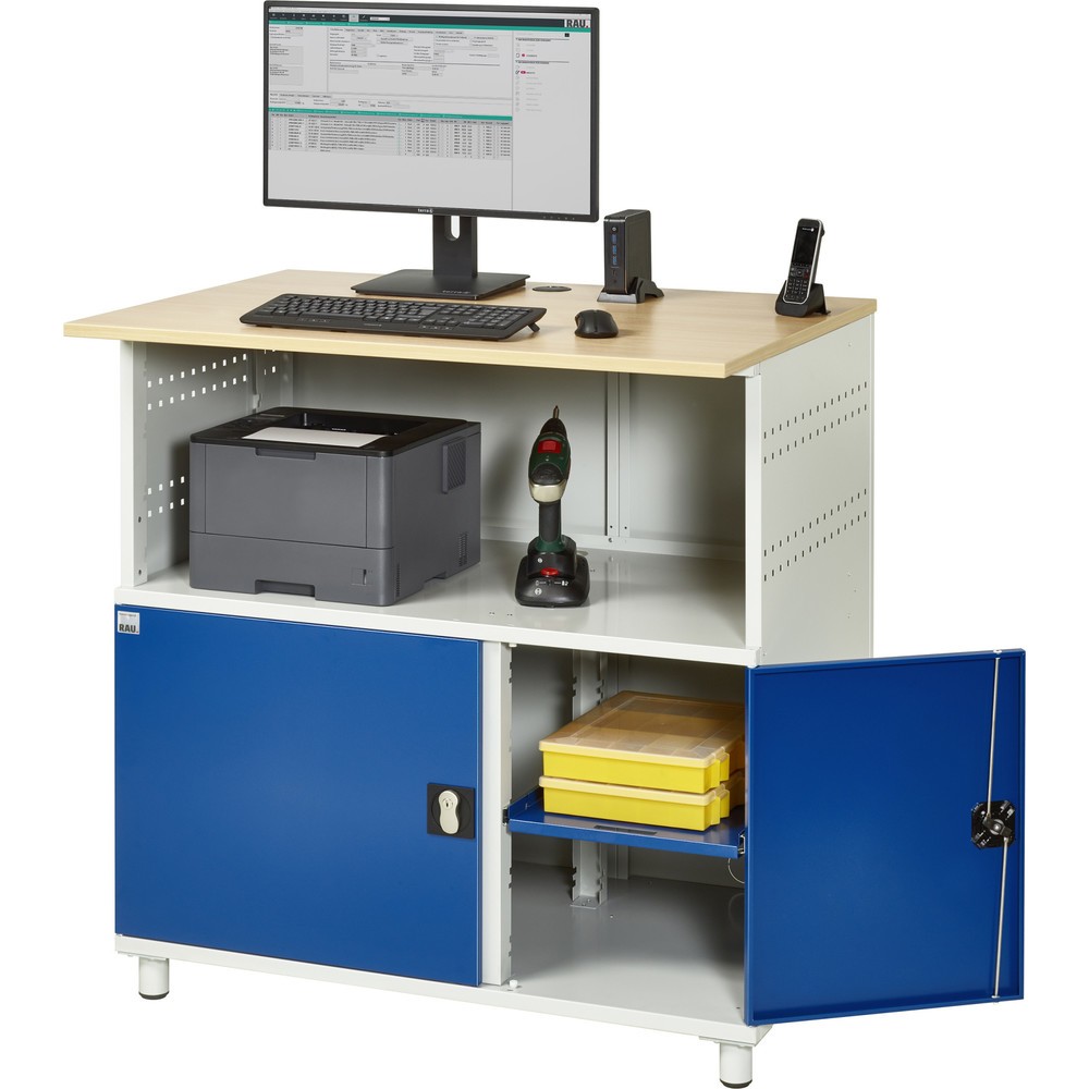 Produktabbildung Nr. 5: RAU computertafel, h x b x d 1.100 x 1.100 x 800 mm, werkblad met beukendecor, met 2 openslaande deuren en contactdooslijst