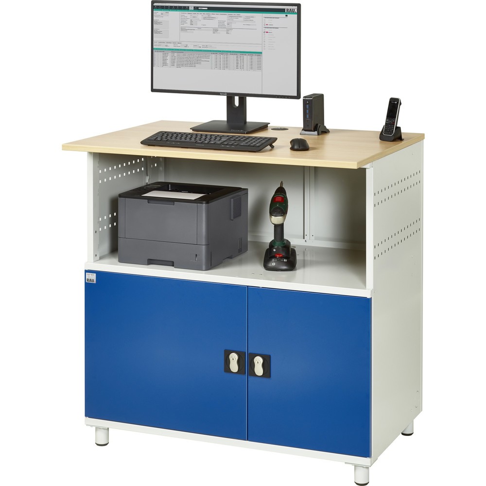 Produktabbildung Nr. 6: RAU computertafel, h x b x d 1.100 x 1.100 x 800 mm, werkblad met beukendecor, met 2 openslaande deuren en contactdooslijst