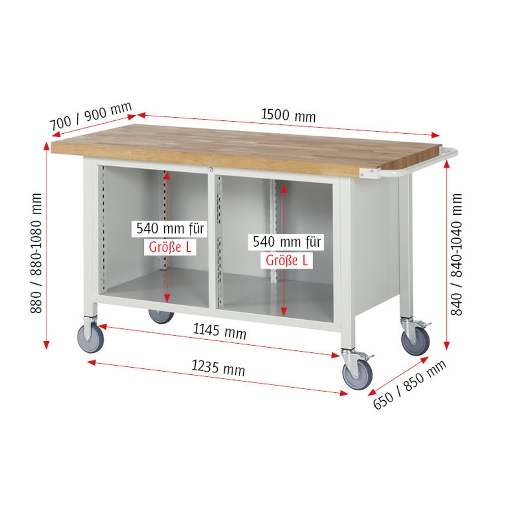 Produktabbildung Nr. 6: RAU Établi mobile série 8000, 1 caisson double, 1 tablette, 1 porte battante, HxlxP 880-1 080 x 1 500 x 700 mm, 3 tiroirs extractibles à 90 %