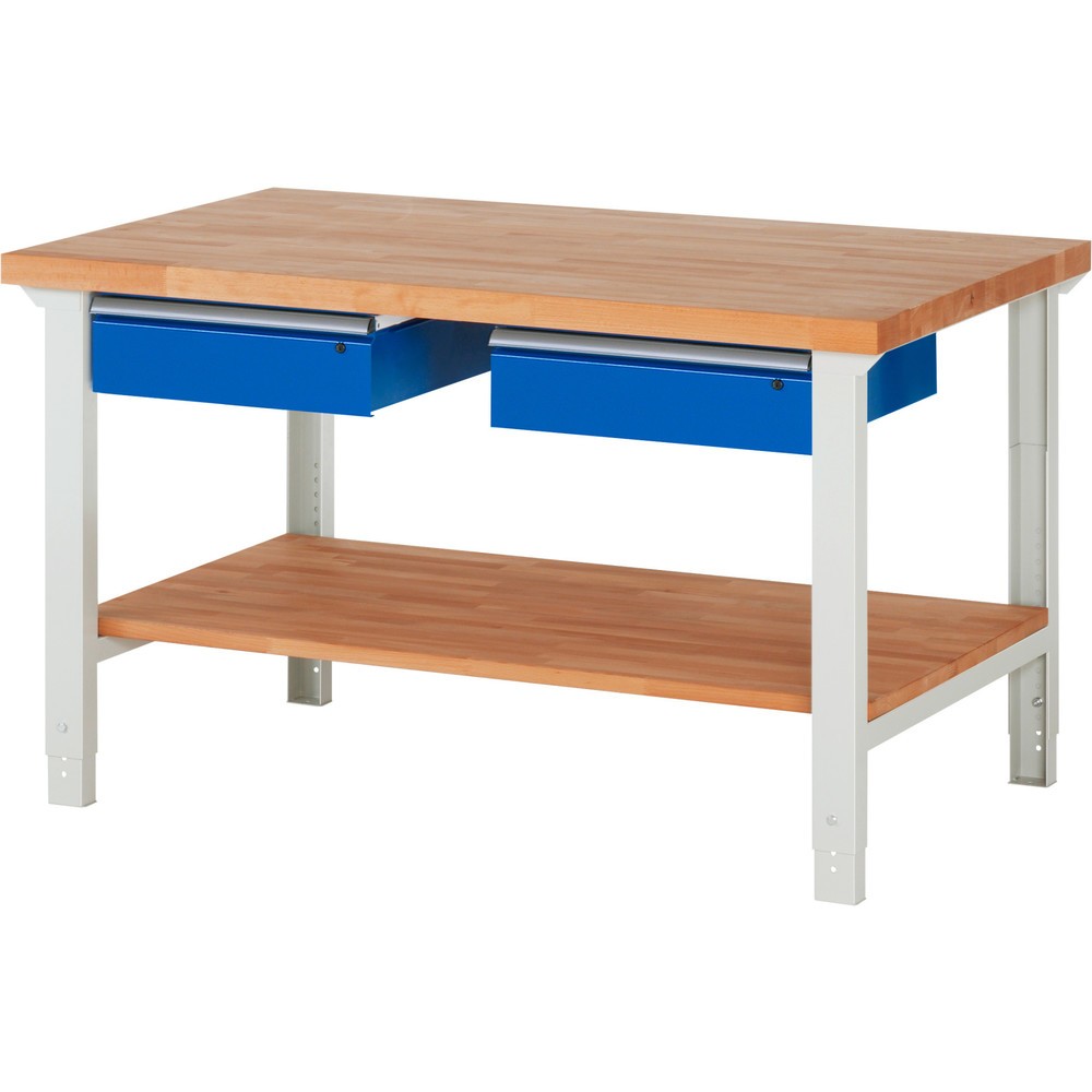 N° de l'image du produit 1 : RAU Établi série 7000, 1 tablette en hêtre massif, HxlxP 790-1 140 x 1 500 x 900 mm, 2 tiroirs 2 x 150 mm