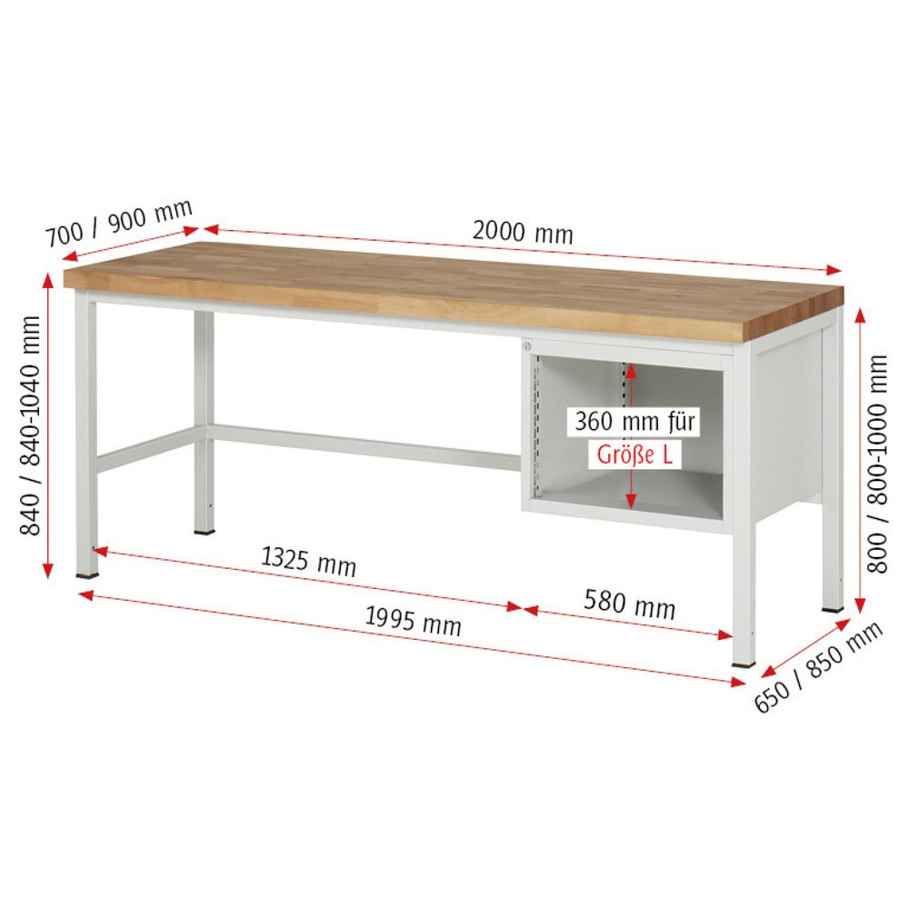 Produktabbildung Nr. 6: RAU Établi série 8000, HxlxP 840-1 040 x 2 000 x 700 mm, 2 tiroirs extractibles à 90 % 1 x 150, 1 x 210 mm, capacité de charge des tiroirs 100 kg