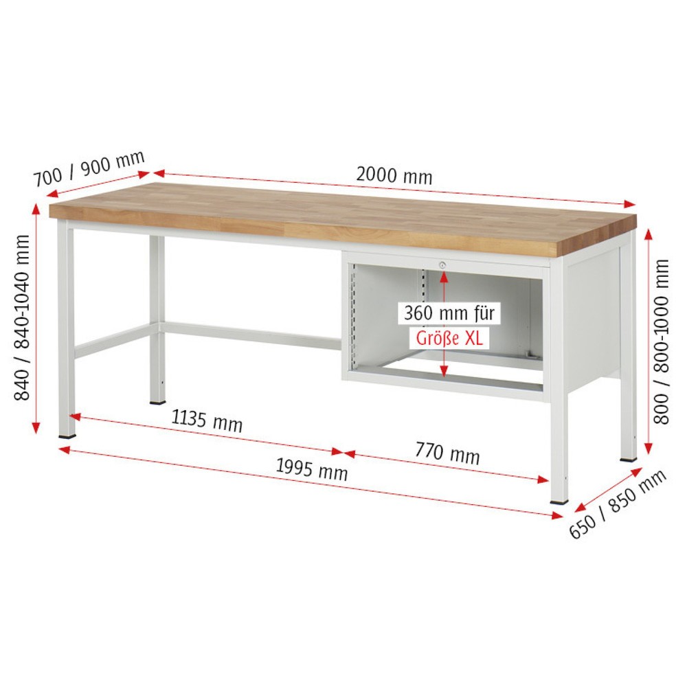 Produktabbildung Nr. 4: RAU Établi série 8000, HxlxP 840-1 040 x 2 000 x 900 mm, 4 tiroirs extractibles à 100 % 4 x 90 mm, capacité de charge des tiroirs 75 kg