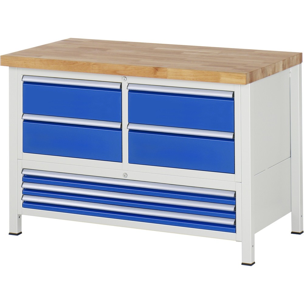 N° de l'image du produit 1 : RAU Établi série 8000, 1 caisson triple, HxlxP 840-1 040 x 1 250 x 700 mm, 7 tiroirs extractibles à 90 % 3 x 60, 4 x 180 mm