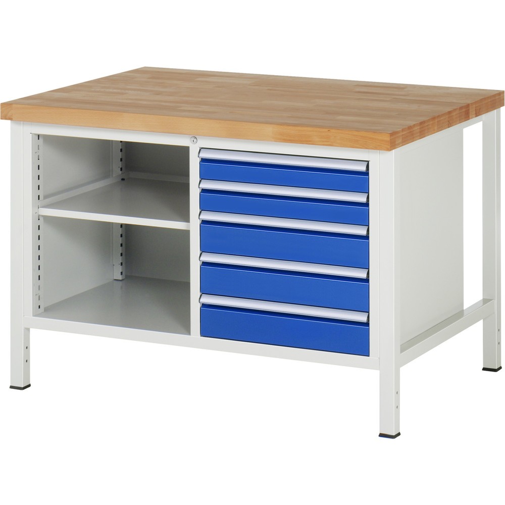 Illustration du produit: RAU Établi série 8000, 1 double caisson, HxlxP 840-1 040 x 1 250 x 900 mm, 5 tiroirs