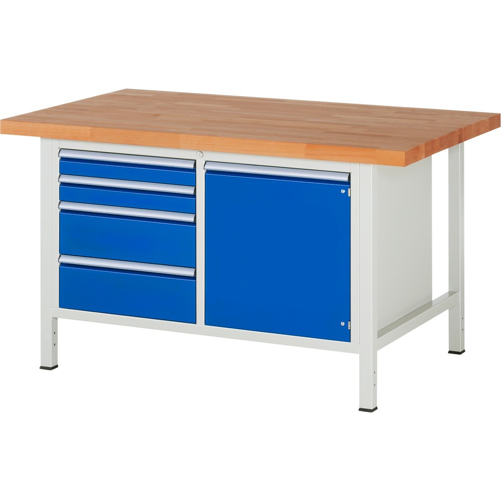 Illustration du produit: RAU Établi série 8000, 1 double caisson , 1 tablette, 1 porte battante, HxlxP 840-1 040 x 1 500 x 900 mm, 4 tiroirs 2 x 90, 2 x 180 mm