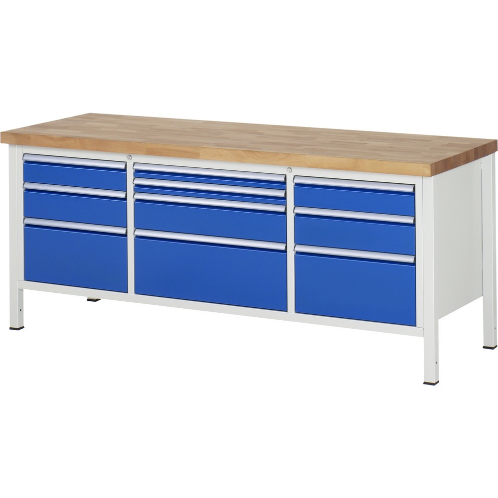 Illustration du produit: RAU Établi série 8000, 1 caisson triple, HxlxP 840 x 2 000 x 700 mm, 10 tiroirs extractibles à 100% 2 x 60, 2 x 120, 3 x 150, 3 x 270 mm, capacité de charge des tiroirs 75/100 kg