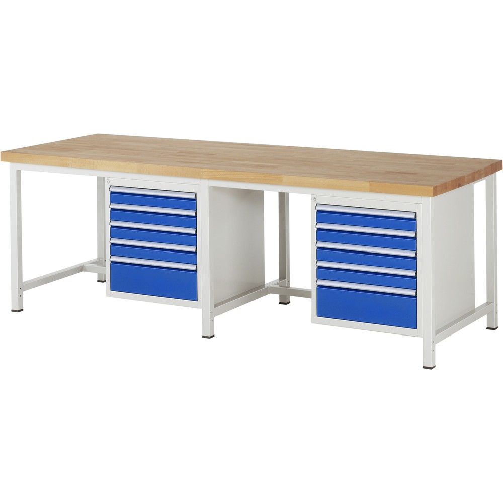 N° de l'image du produit 1 : RAU Établi série 8000, 2 caissons, HxlxP 840-1 040 x 2 500 x 900 mm, 10 tiroirs extractibles à 100 % 8 x 90, 2 x 180 mm
