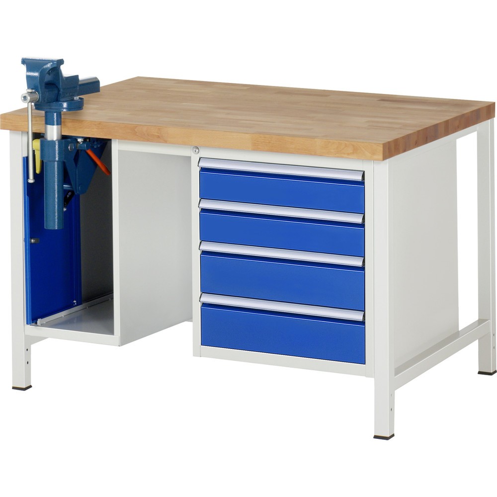 Produktabbildung Nr. 1: RAU Établi série 8000, 2 caissons, HxlxP 840-1 040 x 1 250 x 900 mm, 4 tiroirs extractibles à 90 % 2 x 120, 2 x 150 mm, étau inclus