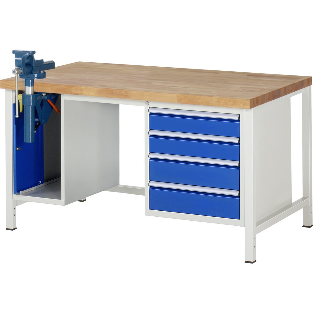 Produktabbildung Nr. 1: RAU Établi série 8000, 2 caissons, HxlxP 840-1 040 x 1 500 x 900 mm, 4 tiroirs extractibles à 90 % 2 x 120, 2 x 150 mm, étau inclus