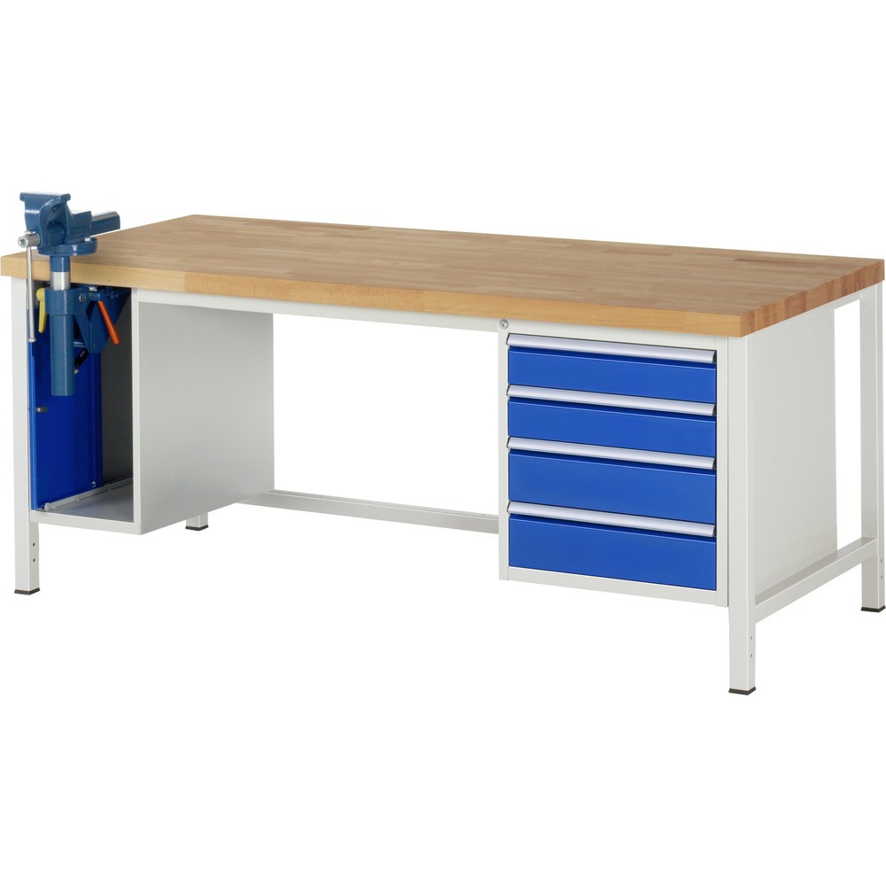 N° de l'image du produit 1 : RAU Établi série 8000, 2 caissons, HxlxP 840 x 2 000 x 900 mm, 4 tiroirs extractibles à 90 % 2 x 120, 2 x 150 mm, étau inclus