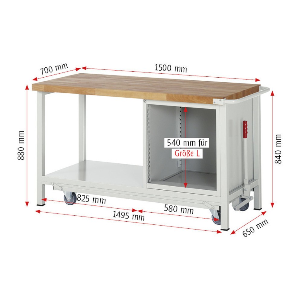 Produktabbildung Nr. 6: RAU Établi série 8000 avec rouleur abaissable, 1 caisson, 1 tablette, HxlxP 880 x 1 500 x 700 mm, 5 tiroirs extractibles à 100%, capacité de charge des tiroirs 100 kg