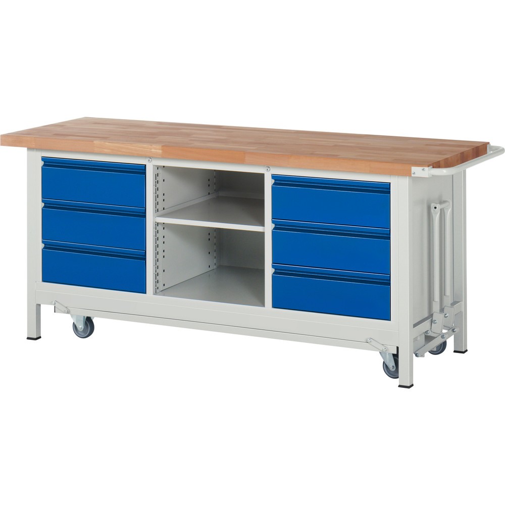 Produktabbildung Nr. 1: RAU Établi série 8000 avec rouleur abaissable, 1 caisson triple, HxlxP 880 x 2 000 x 700 mm, 6 tiroirs extractibles à 90 % 6 x 180 mm, 1 tablette