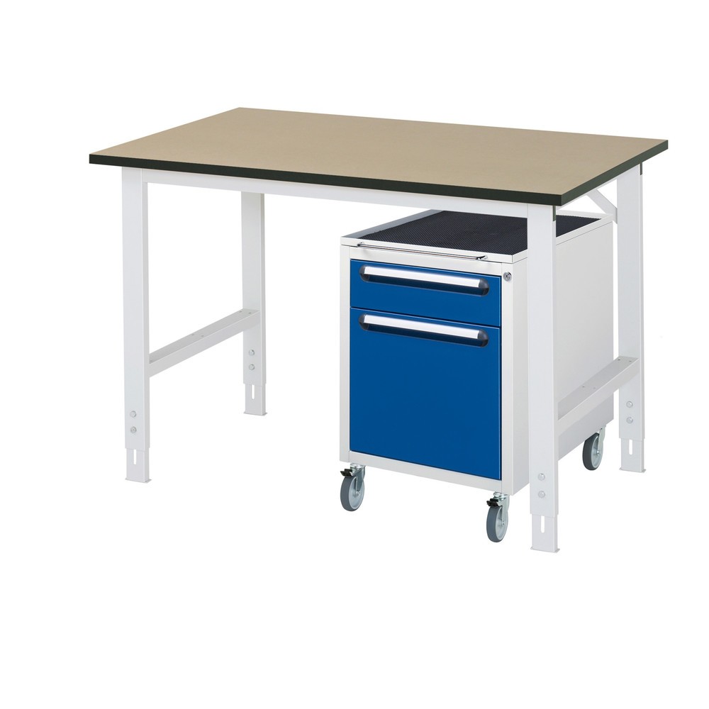 Illustration du produit: RAU Kit d'atelier TOM en 2 parties, avec table de travail, HxlxP 760-1 080 x 1 250 x 800 mm, plan de travail en MDF, incl. caisson à roulettes avec 2 tiroirs, HxlxP 690 x 480 x 600 mm