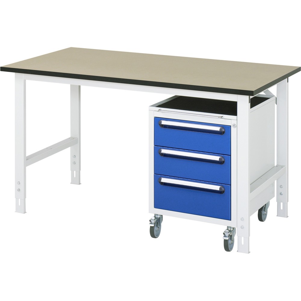 Illustration du produit: RAU Kit d'atelier TOM en 2 parties, avec table de travail, HxlxP 760-1 080 x 1 500 x 800 mm, plan de travail en MDF, incl. caisson à roulettes avec 3 tiroirs, HxlxP 690 x 480 x 600 mm