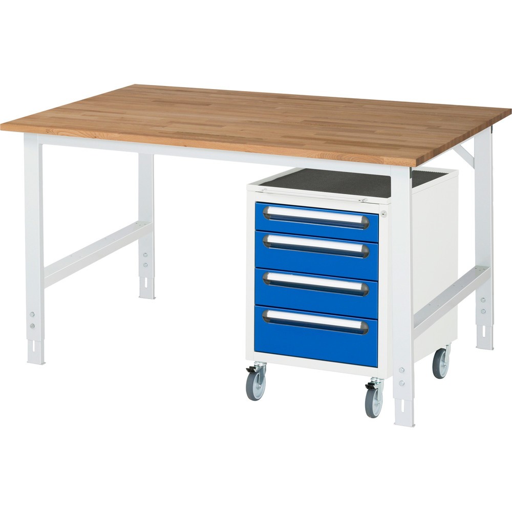 Produktabbildung Nr. 1: RAU Kit d'atelier TOM en 2 parties, avec établi, Hxlxp 760-1 080 x 1 500 x 800 mm, Plan de travail en hêtre massif, incl. caisson à roulettes avec 3 tiroirs, HxlxP 690 x 480 x 600 mm