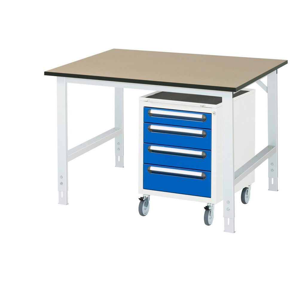 Illustration du produit: RAU Kit d'atelier TOM en 2 parties, avec établi, Hxlxp 760-1 080 x 1 250 x 1 000 mm, Plan de travail en MDF, incl. caisson à roulettes avec 3 tiroirs, HxlxP 690 x 480 x 600 mm