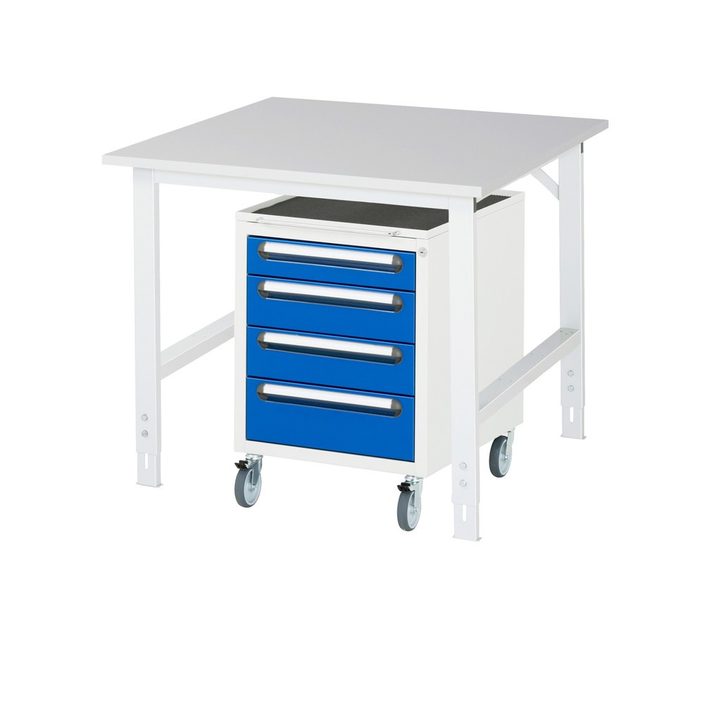 Illustration du produit: RAU Kit d'atelier TOM en 2 parties, avec table de travail, HxlxP 760-1 080 x 1 000 x 1 000 mm, plan de travail en mélamine, plus caisson à roulettes avec 3 tiroirs, HxlxP 690 x 480 x 600 mm