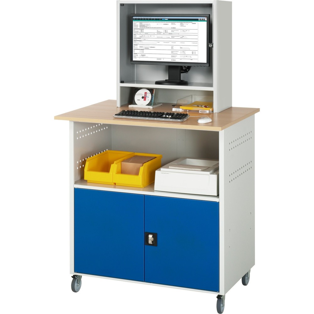 N° de l'image du produit 2 : RAU Poste informatique HxlxP 1 860 x 1 100 x 800 mm, plan de travail décor hêtre, avec 2 portes battantes et casier pour l’écran