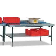 Productafbeelding nr. 1: Rocholz handmatig in hoogte verstelbare paktafel SYSTEM 2000, met rollenbaan, werkblad en weegschaal, hxbxd 690-960 x 1955 x 920 mm
