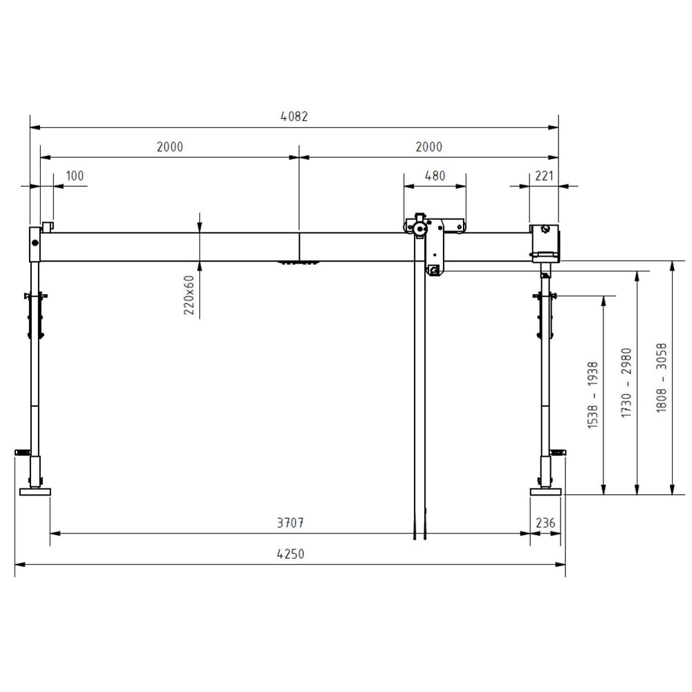 Productafbeelding nr. 2: SCHILLING aluminium portaalkraan met splitsbare traverse, inhaakpunt 1.730-2.980 mm, draagvermogen 500 kg