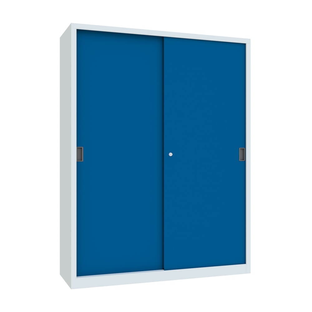 Produktabbildung Nr. 1: Schuifdeurenkast PAVOY met 8 legborden + scheidingswand, hxbxd 1.950 x 1.500 x 500 mm, gentiaanblauw, lichtgrijs