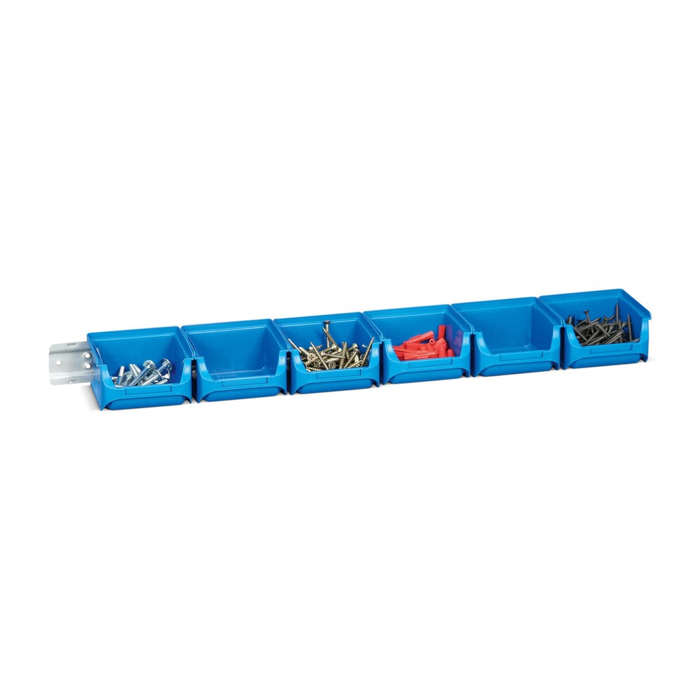 Produktabbildung Nr. 1: Set magazijnbakken met draagrails, 6 blauwe bakken grootte 1