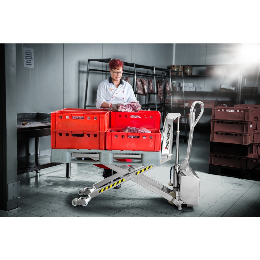 Produktabbildung Nr. 2: Transpalette à ciseaux en acier inoxydable Jungheinrich AMX I15ep, professionnel, capacité de charge 1 500 kg, longueur des fourches 1 200 mm, nylon