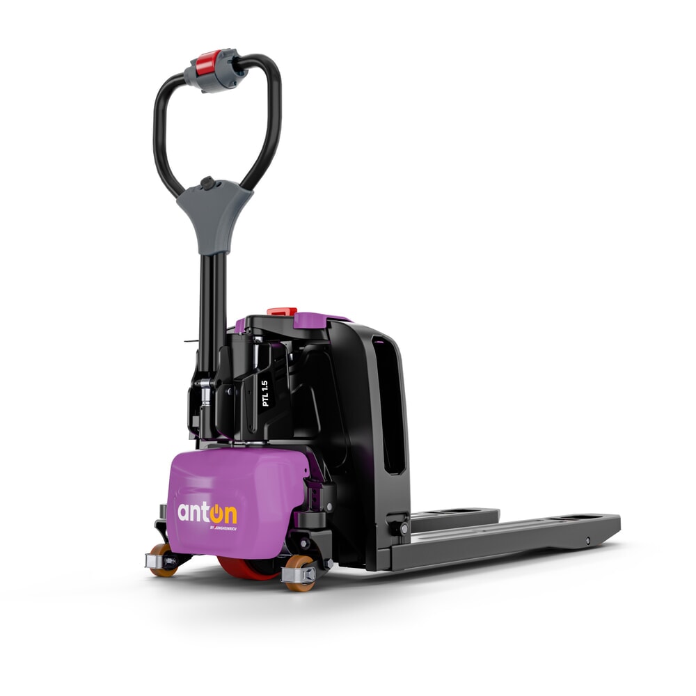 Illustration du produit: Transpalette électrique AntOn par Jungheinrich PTL 1.5 avec roues de support, extra-large pour palettes spéciales, capacité de charge 1 500 kg, longueur de fourche 1.150 mm