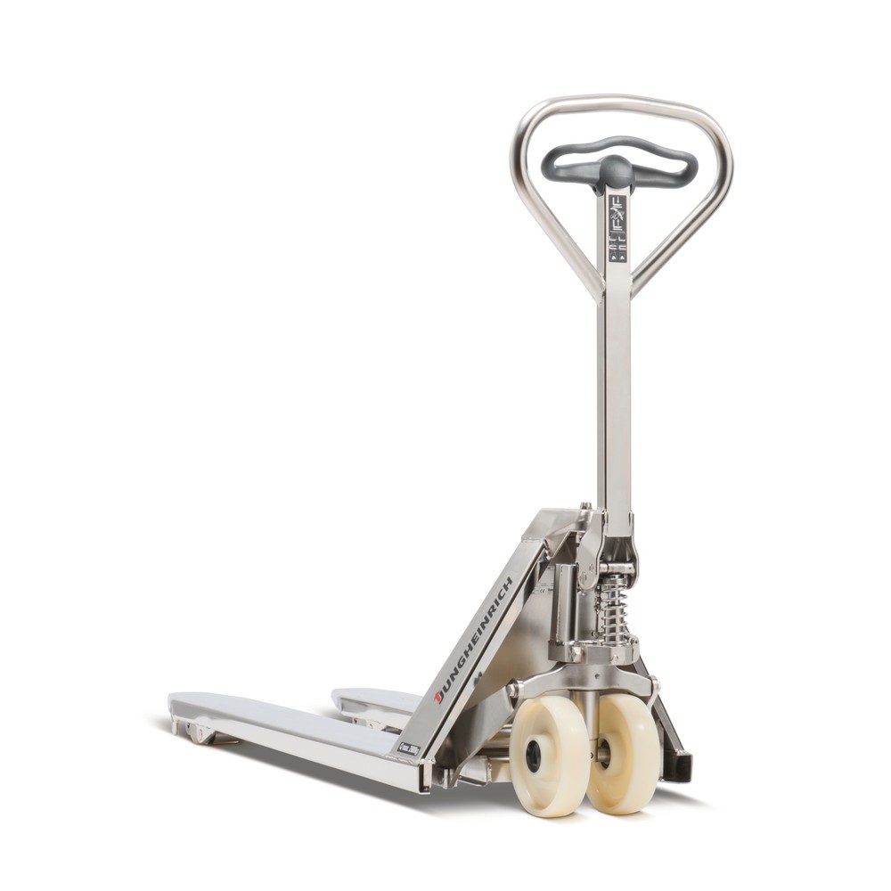 Produktabbildung Nr. 1: Transpalette manuel en acier inoxydable Jungheinrich AM I20p, version professionnelle, capacité de charge 2 000 kg, largeur spéciale des fourches de 680 mm, longueur des fourches 810 mm, nylon, galets tandem