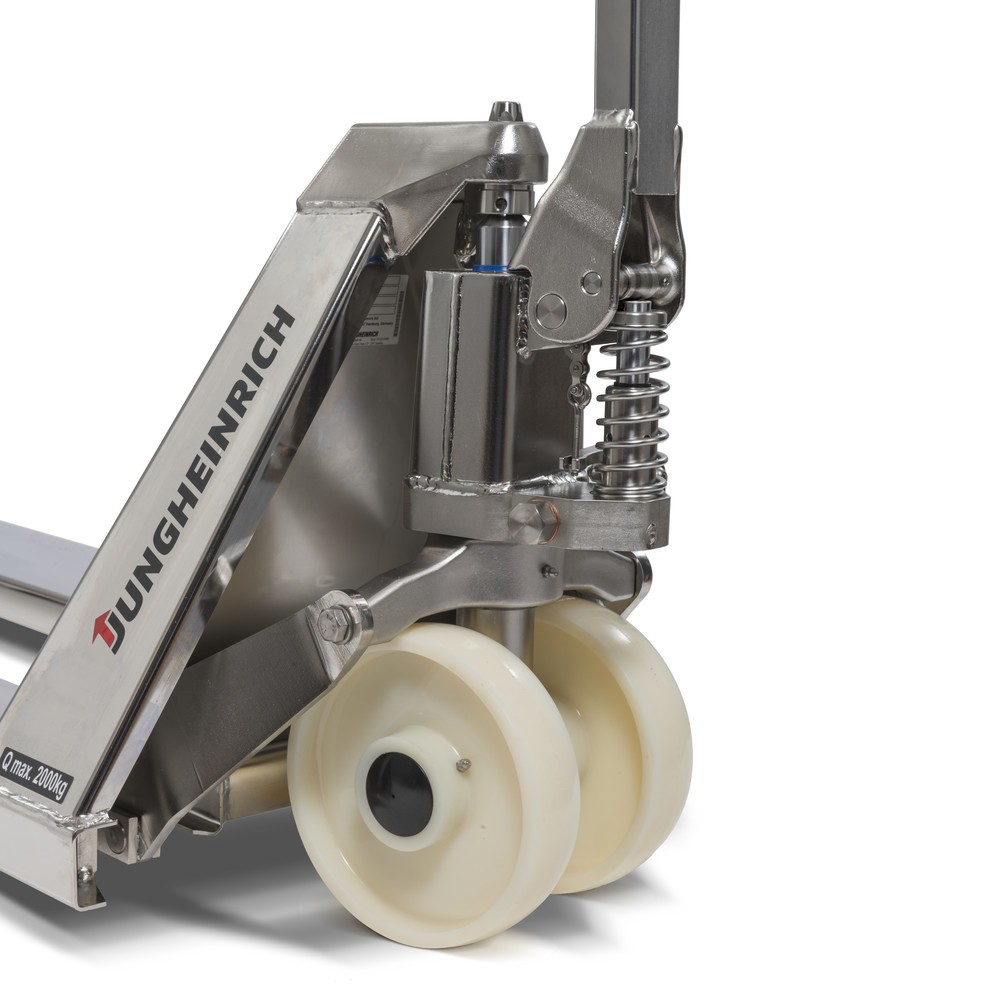 Produktabbildung Nr. 3: Transpalette manuel en acier inoxydable Jungheinrich AM I20p, version professionnelle, capacité de charge 2 000 kg, largeur spéciale des fourches de 680 mm, longueur des fourches 810 mm, nylon, galets tandem