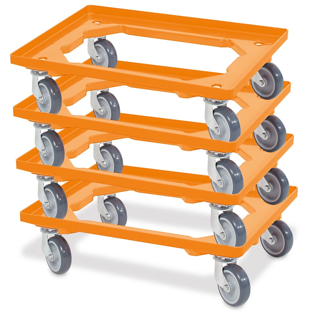 Produktabbildung Nr. 2: Transportroller voor euro-stapelbakken 600x400 mm oranje, 4 zwenkwielen, grijze rubberen banden