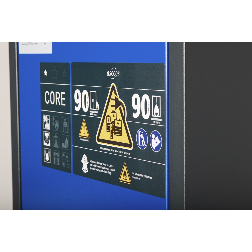 Productafbeelding nr. 4: Veiligheidskast asecos® type 90 voor lithium-ion accu’s ION-CORE-CHARGE, hxbxd 1.953x599x615 mm, 4x geperforeerde legborden, 2x contactdoosstrip (EU-uitvoering), 1x bodemlekbak
