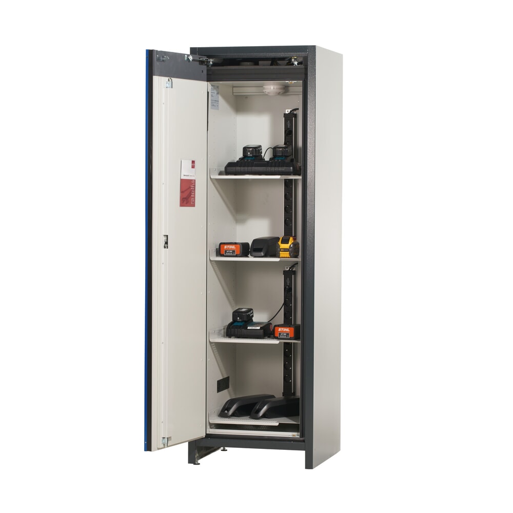 Productafbeelding nr. 5: Veiligheidskast asecos® type 90 voor lithium-ion accu’s ION-CORE-CHARGE, hxbxd 1.953x599x615 mm, 4x geperforeerde legborden, 2x contactdoosstrip (EU-uitvoering), 1x bodemlekbak