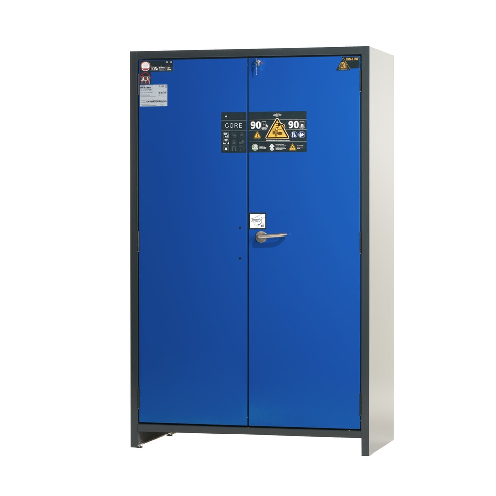 Product afbeelding: Veiligheidskast asecos® type 90 voor lithium-ion accu’s ION-CORE-STORE, hxbxd 1.953x1.193x615 mm, 3x geperforeerde legborden, 1x bodemlekbak