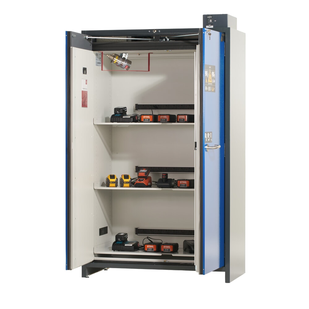 Productafbeelding nr. 6: Veiligheidskast asecos® type 90 voor lithium-ion accu’s ION-PRO-STORE, hxbxd 2.224x1.193x615 mm, 3x geperforeerde legborden, 3x contactdoosstrip (EU-uitvoering), 1x bodemlekbak