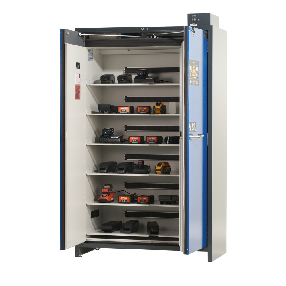 Productafbeelding nr. 5: Veiligheidskast asecos® type 90 voor lithium-ion accu’s ION-PRO-STORE, hxbxd 2.224x1.193x615 mm, 6x geperforeerde legborden, 6x contactdoosstrip (EU-uitvoering), 1x bodemlekbak