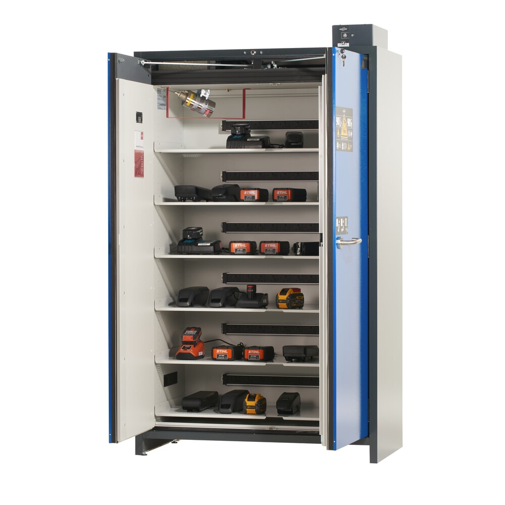Productafbeelding nr. 6: Veiligheidskast asecos® type 90 voor lithium-ion accu’s ION-PRO-STORE, hxbxd 2.224x1.193x615 mm, 6x geperforeerde legborden, 6x contactdoosstrip (EU-uitvoering), 1x bodemlekbak