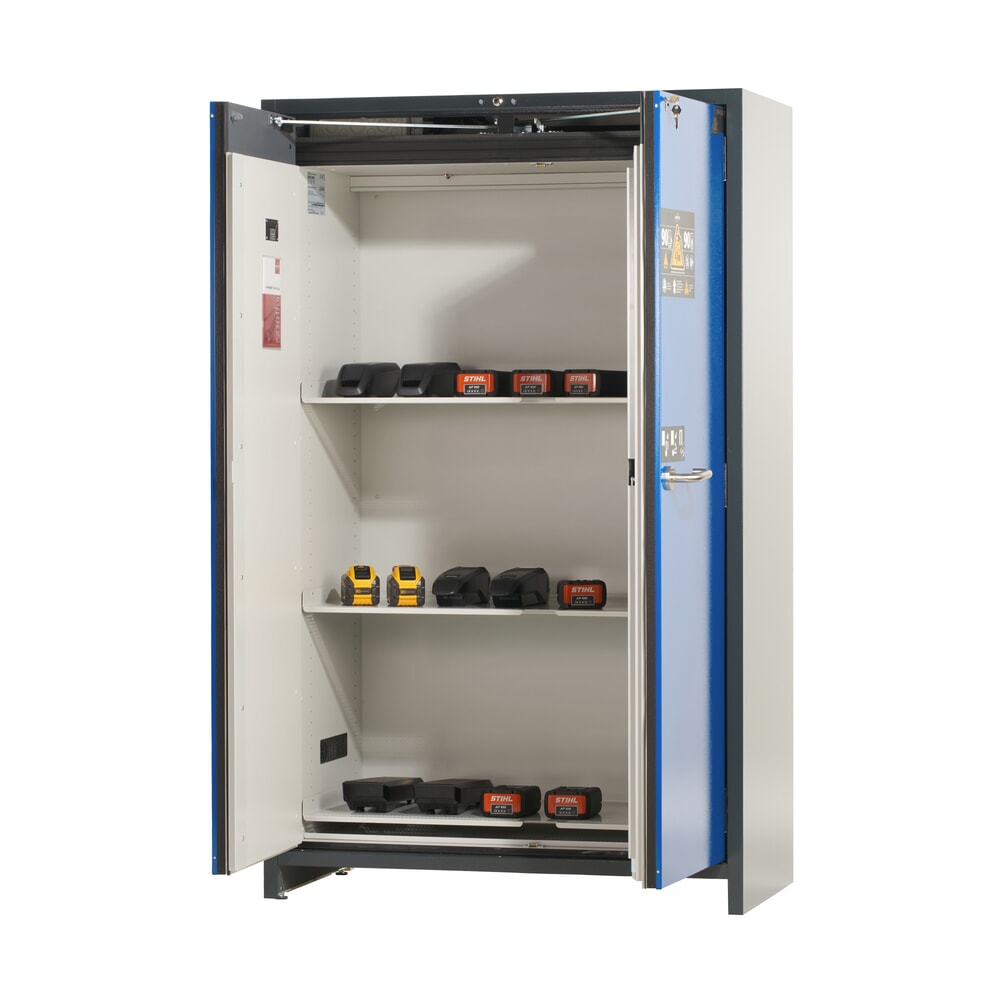 Productafbeelding nr. 5: Veiligheidskast asecos® type 90 voor lithium-ion accu’s ION-PRO-STORE, hxbxd 1.953x1.193x615 mm, 3x geperforeerde legborden, 1x bodemlekbak