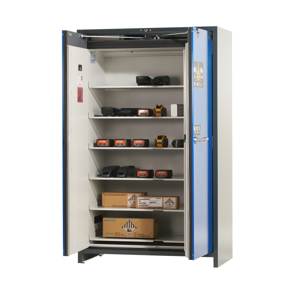 Productafbeelding nr. 6: Veiligheidskast asecos® type 90 voor lithium-ion accu’s ION-PRO-STORE, hxbxd 1.953x1.193x615 mm, 6x geperforeerde legborden, 1x bodemlekbak